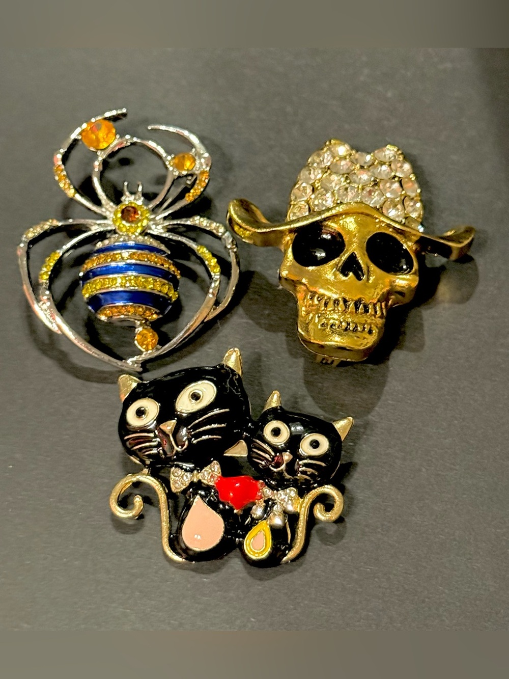 Halloween Black Cat and Skull Decorative 3 Brooch Set-Gold & Multicolor Accents